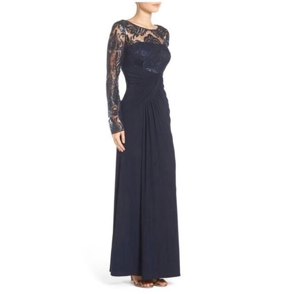 Eliza J Navy Blue Draped Sleeve Sequin Gown Formal Dress - Picture 2 of 9